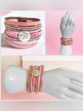 Pink Boho Multi-Layered Faux Pearl & Rhinestone Wrap Bracelet